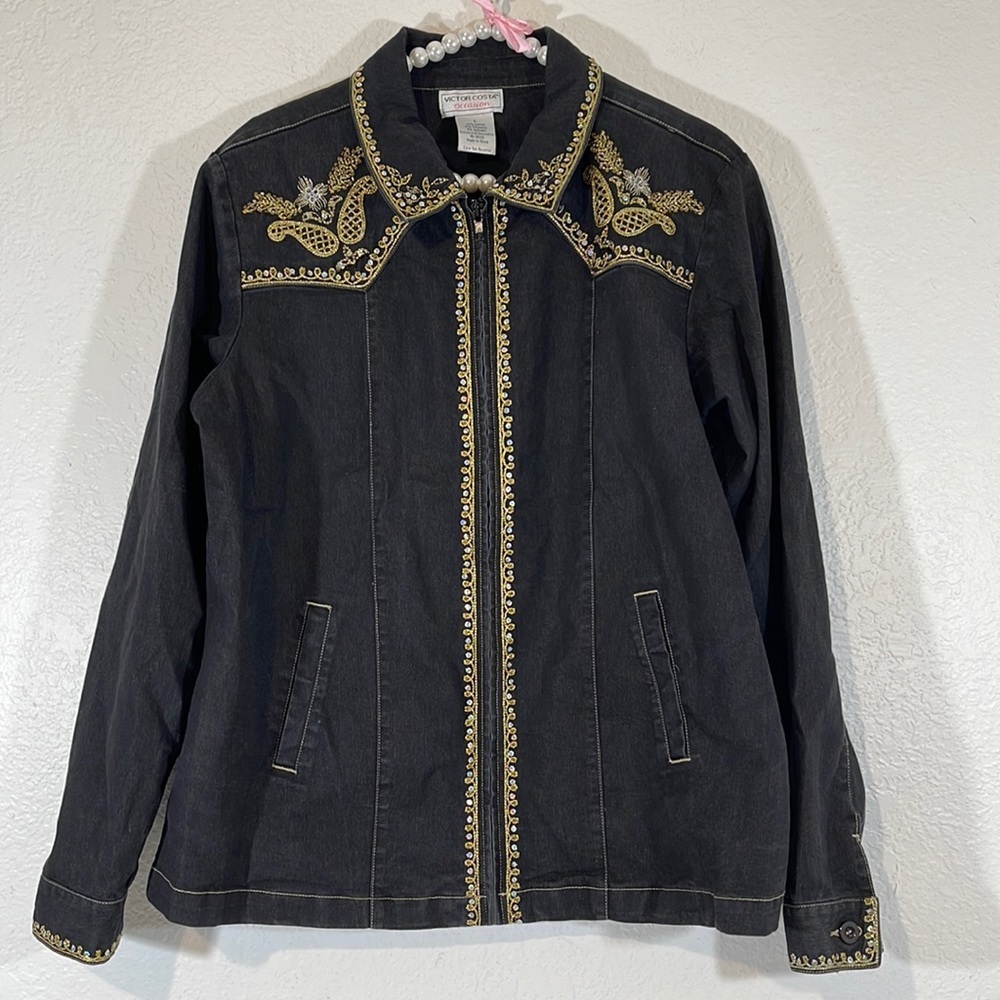 VICTOR COSTA OCCASION Embroidered Sequins Beads Zip-up Western Jacket Blouse L